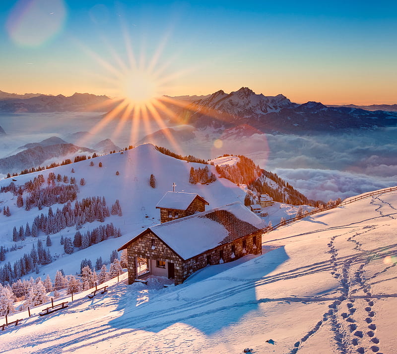 Sunsine, fog, houses, mountains, sky, snow, sun, trees, winter, HD ...