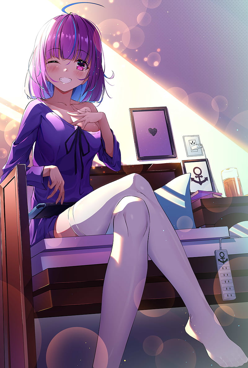 anime, anime girls, digital art, artwork, portrait display, Hololive, Virtual Youtuber, Minato Aqua, Cqingwei, purple hair, purple eyes, wink, grin, thigh-highs, low-angle, bare shoulders, cleavage, legs crossed, sitting, indoors, women indoors, thighs, hand on chest, looking at viewer, HD phone wallpaper