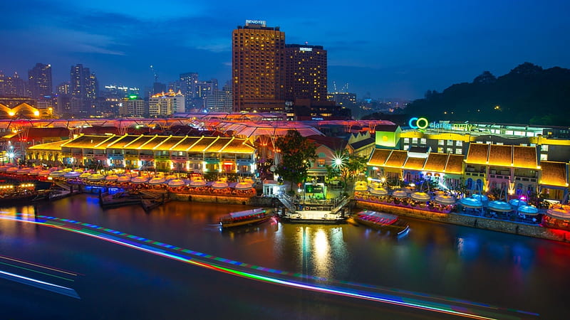 riverside nightlife in singapore, colorful, city, restaurants, river, lights, HD wallpaper