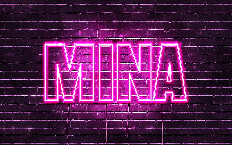 Mina with names, female names, Mina name, purple neon lights, horizontal text, with Mina name, HD wallpaper