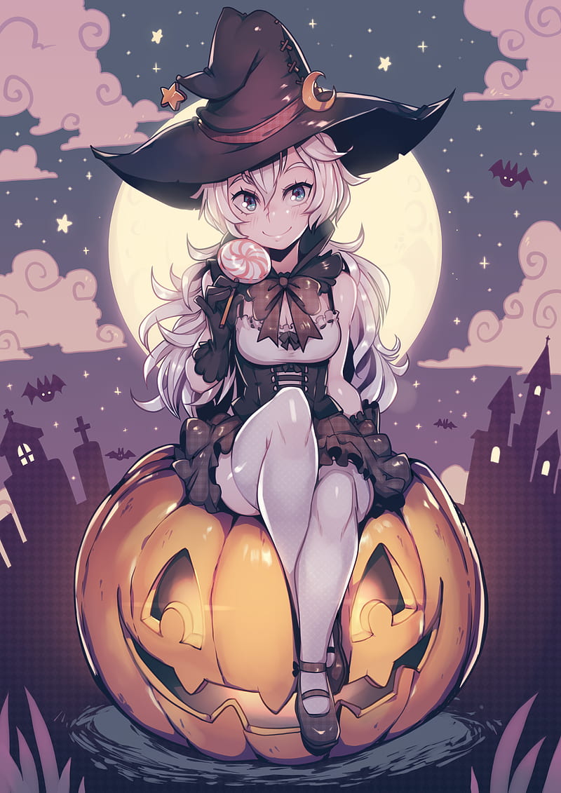 cleavage, Halloween, witch, thigh-highs, cityscape, HD phone wallpaper