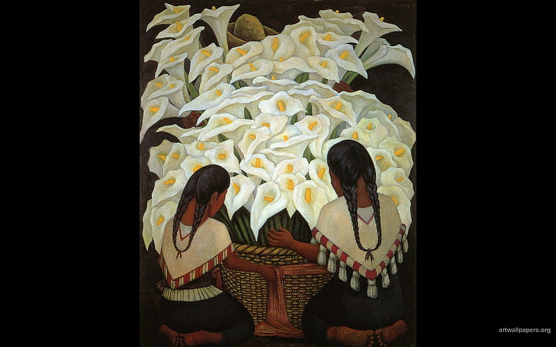 Vendedoras de flores - Diego Rivera, diego rivera, vendedoras, sale, fete, vanzatoare, flowers, flori, girls, flowers, HD wallpaper