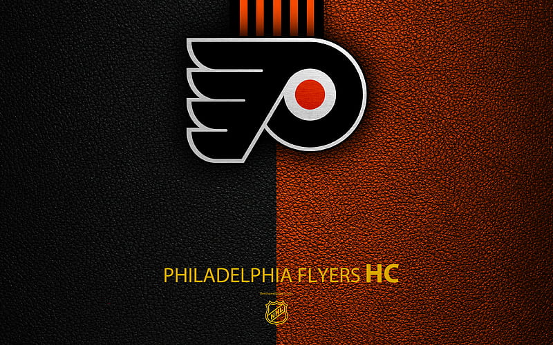 Philadelphia Flyers, HC hockey team, NHL, leather texture, logo, emblem, National Hockey League, Philadelphia, Pennsylvania, USA, hockey, Eastern Conference, Metropolitan Division, HD wallpaper