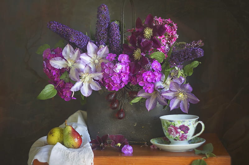 graphy, Still Life, Bouquet, Clematis, Cup, Flower, Pear, Phlox, HD wallpaper