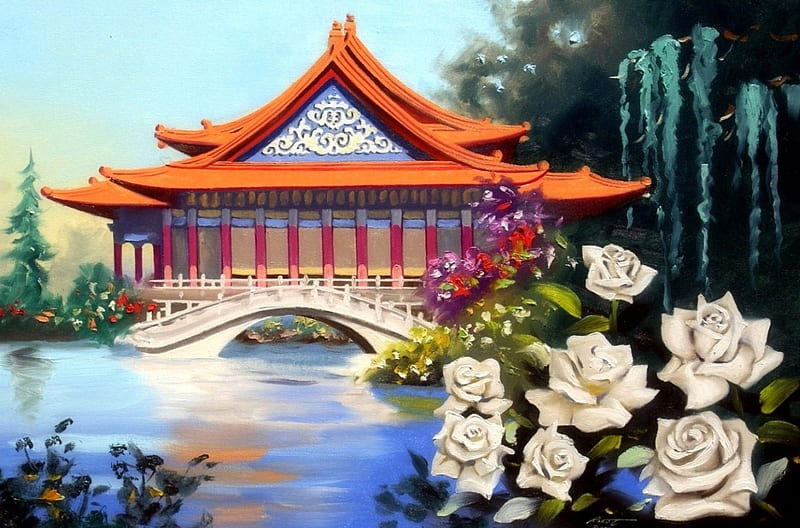 China White Roses, lakes, houses, bridges, white roses, love four seasons, home, attractions in dreams, roses, paintings, summer, flowers, garden, HD wallpaper
