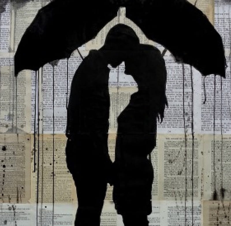 Kiss..., Love, Kiss, Umbrella, Black and White, Painting, Louis Jover, Art, HD wallpaper
