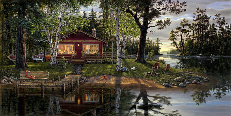 Cottage, painting, art, kim norlien, pictura, wayer, water, lake, house, HD wallpaper