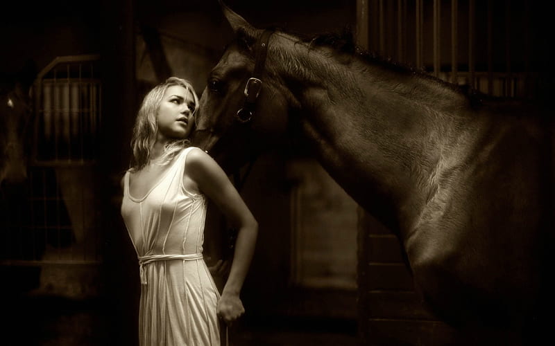 Cowgirl~Arielle Kebbel, dress, model, horse stable, actress, blonde, Arielle Kebbel, stable, horse, HD wallpaper