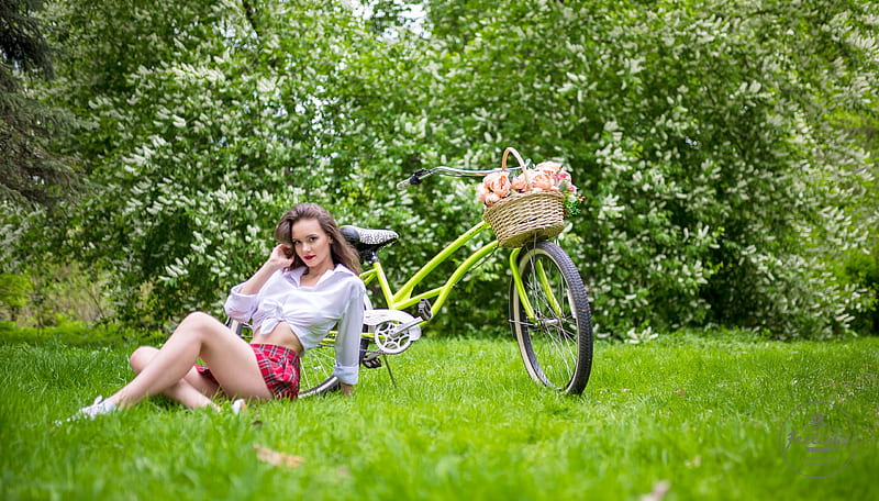 ლ, Roses, Spring, Woman, Bicycle, HD wallpaper