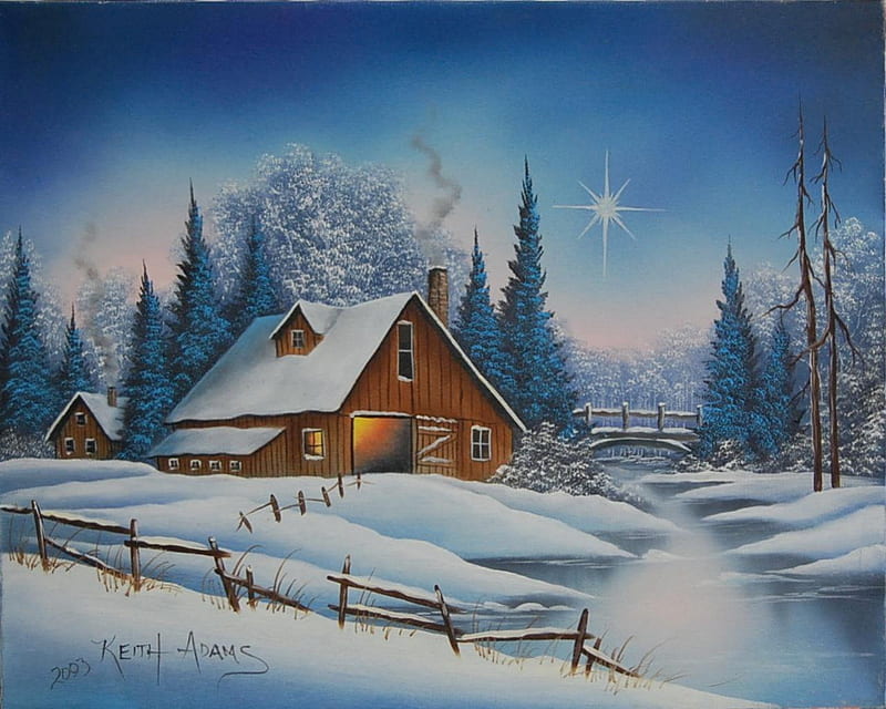 A Star To Follow, snow, woods, cabin, barn, star, HD wallpaper