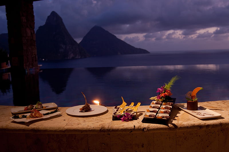 Beautiful Evening - St Lucia Paradise Island Caribbean West Indies, dinner, chocolate, sushi, bonito, sunset, twilight, eat, st lucia, sea, mountain, evening, luxury, night, exotic, islands, view, food, ocean, vista, caribbean, paradise, island, tropical, HD wallpaper
