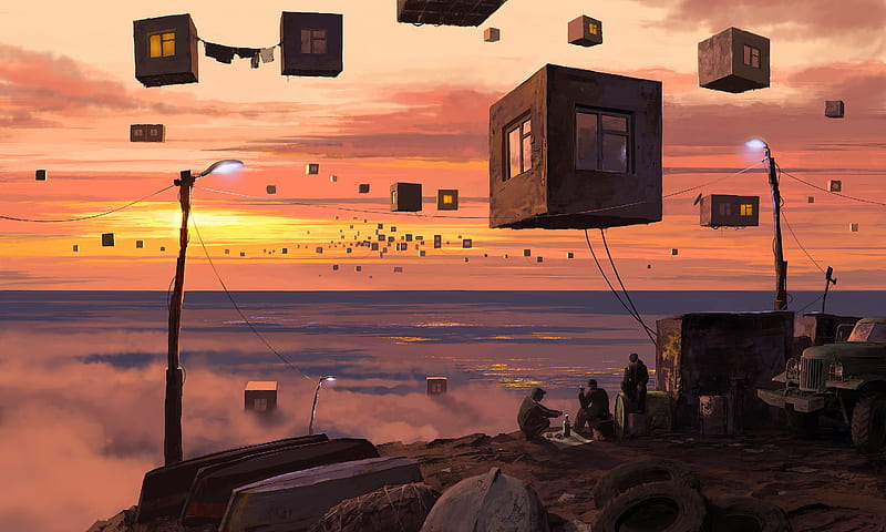 floating buildings, people, sunset, horizon, futuristic, fiction, Sci-fi, HD wallpaper