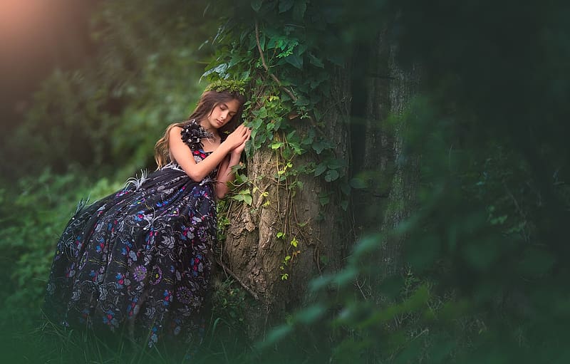 tree, sleep, dress, girl, bokeh, sleeping girl for , section настроения, Sad Sleeping, HD wallpaper