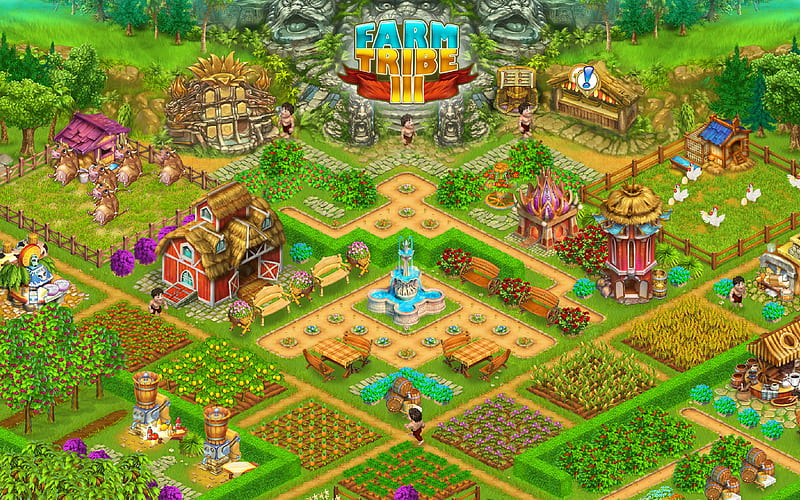 Farm Tribe map, bench, carrot, cherry, chicken, cook, cooking, corn, cow, field, flowers, forest, fountain, game, green, hay, island, palm, silo, statue, table, wheat, HD wallpaper