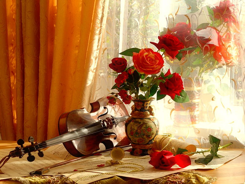 Still life, pretty, violin, lovely, romantic, romance, music, vase, scent, roses, fragrance, bouquet, flowers, HD wallpaper