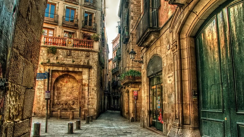 barcelona side street r, city, stones, r, old, street, HD wallpaper