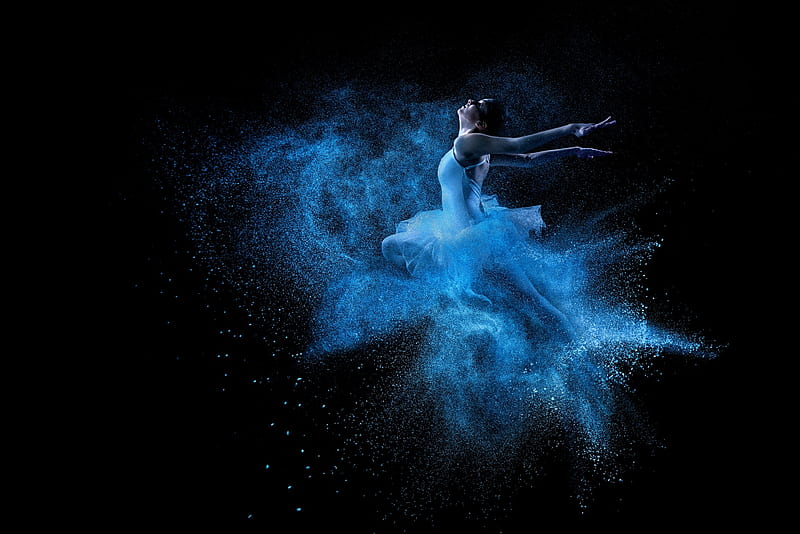 Ballerina, girl, black, dust, blue, dancer, HD wallpaper