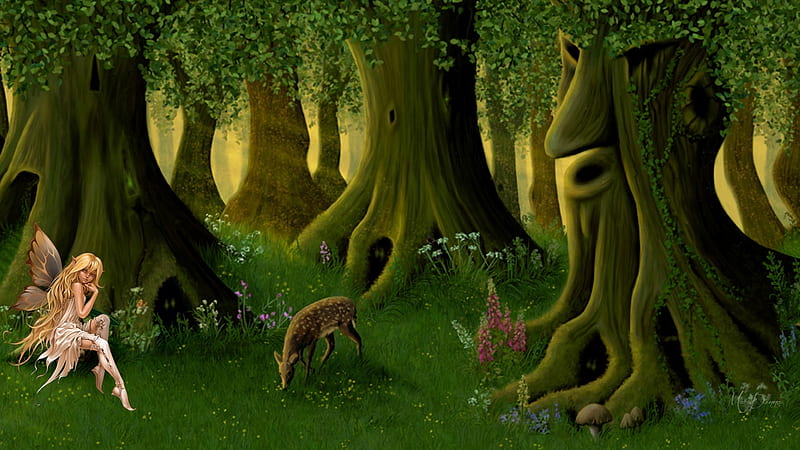 Enchanted Forest, Firefox theme, toadstools, forest, fae, woods, mysterious, trees, deer, fantasy, fairy, HD wallpaper