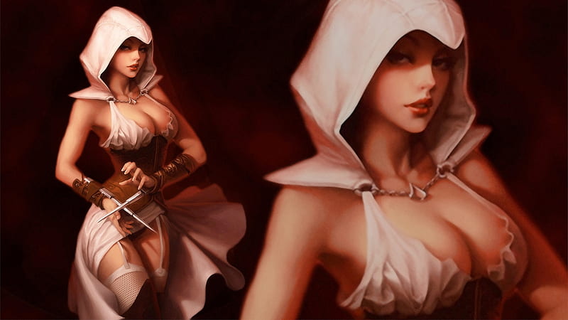 Assassin's Creed, female, assassins creed, video game, game, altair ibn la ahad, sexy, knife, cool, hot, white, underboob, dagger, sword, HD wallpaper