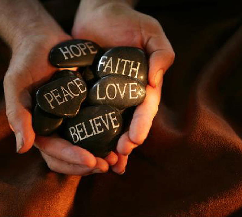 Life, believe, brown, faith, hold, hope, live, love, peace, stones, HD wallpaper