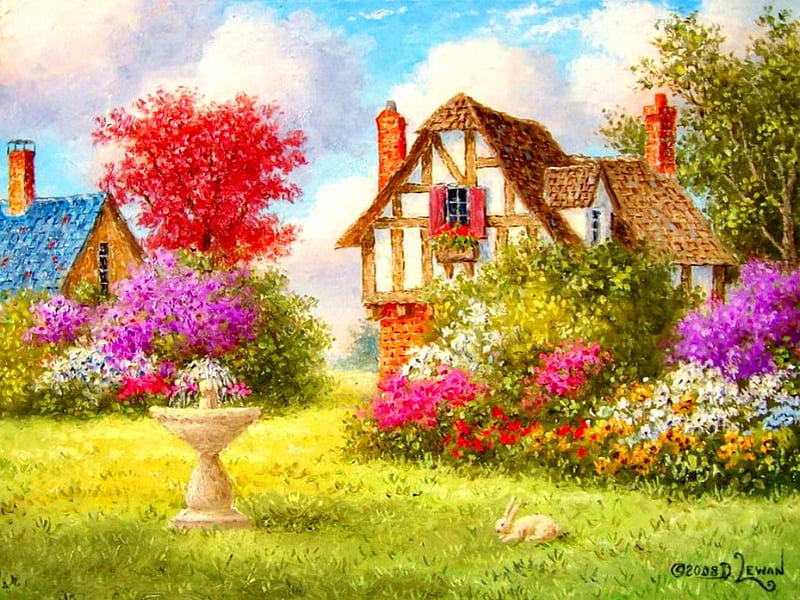 Sunny day, pretty, colorful, cottages, grass, cottage, sunny, bonito, clouds, countryside, painting, village, art, fountain, lovely, spring, sky, trees, freshness, peaceful, summer, day, garden, HD wallpaper