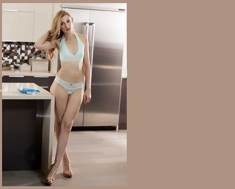 ALEXA GRACE, steel fridges, blonde, pale blue bikini lingerie, stainless, counter tops, heels, kitchen scene, HD wallpaper