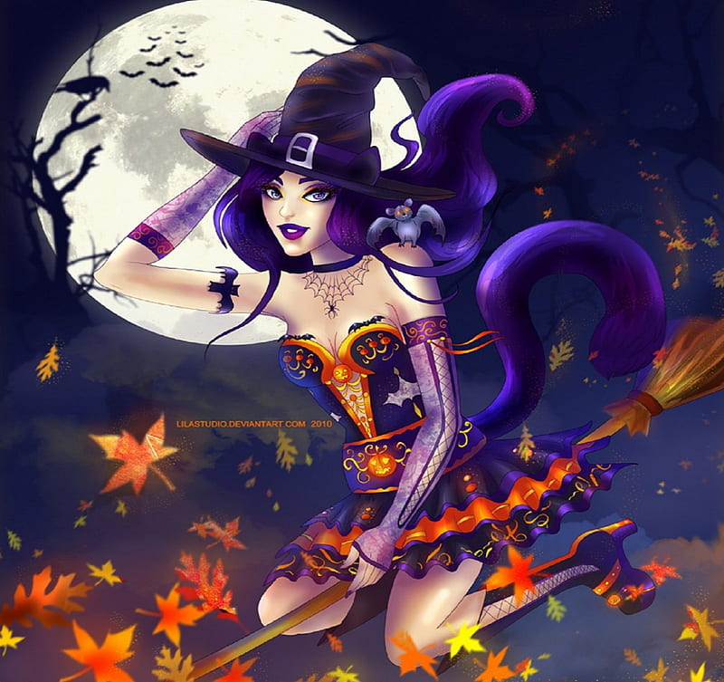 ★Halloween Neko Witch★, fall, pretty, witch, colorful, autumn, halloween, digital art, broom, leaves, fantasy, anime, drawings, moons, lovely, love four seasons, creative pre-made, hat witch, weird things people wear, HD wallpaper