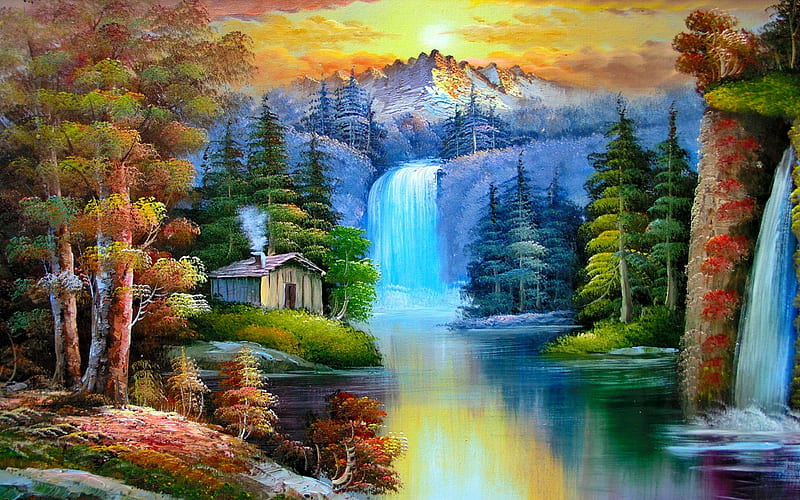 Place in paradise, fall, pretty, house, riverbank, shore, sun, cottage, falling, shine, cabin, bonito, clouds, countryside, mountain, nice, painting, waterfall, river, reflection, calmness, lovely, sunlight, place, creek, sky, trees, water, paradise, rays, summer, HD wallpaper