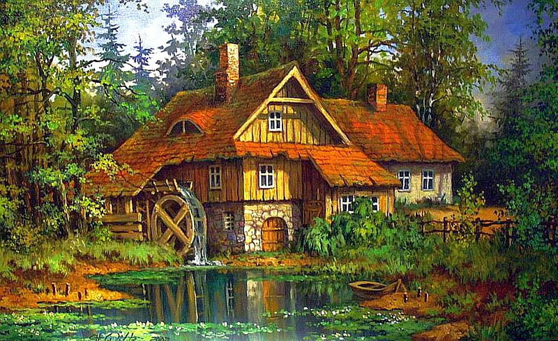 Idyllic Watermill, pond, house, painting, trees, artwork, HD wallpaper