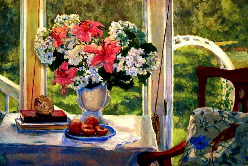 The Window, table, window, plates, vase, tablecloth, trees, fruit, still life, white hydrangeas, arch, bouquet, painting, gardens, chair, cushion, pink day lilys, HD wallpaper