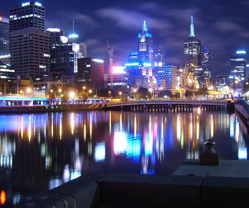 Melbourne Night, lights, melbourne, night, river, HD wallpaper