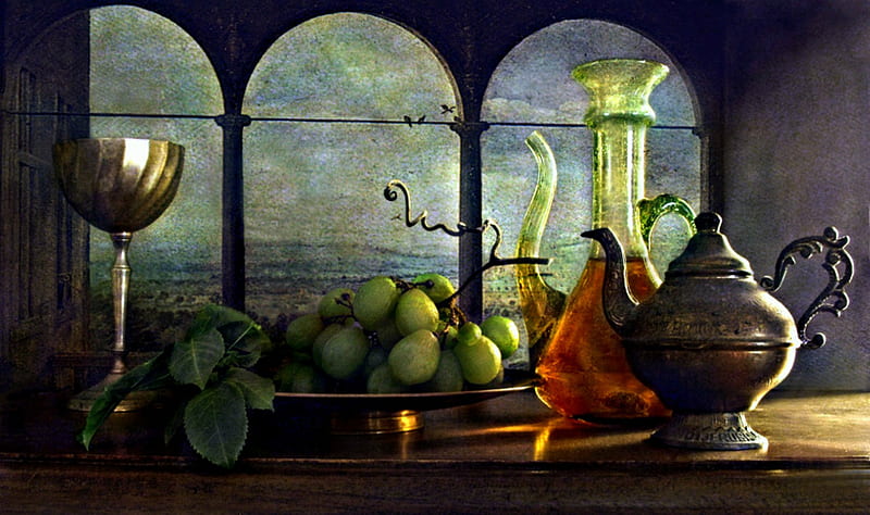 Winery View, table, grapes, still life, window, silver chalice, winery, decanter, silver coffeepot, HD wallpaper