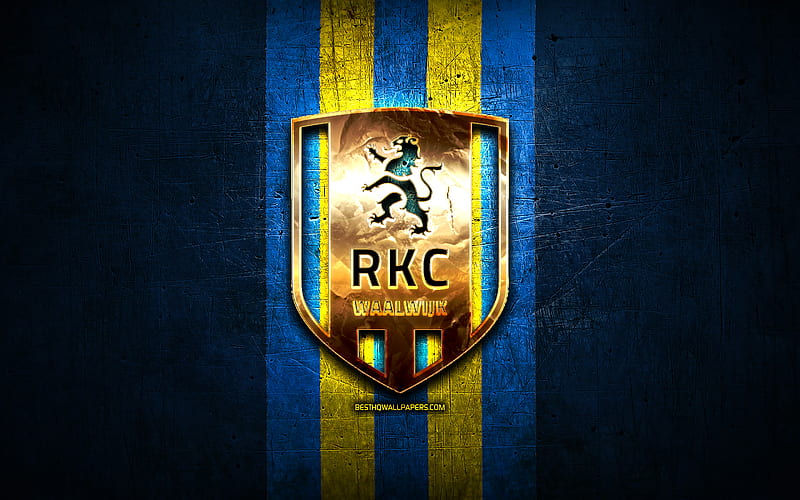 Waalwijk FC, golden logo, Eredivisie, blue metal background, football, RKC Waalwijk, Dutch football club, RKC Waalwijk logo, soccer, Netherlands, HD wallpaper