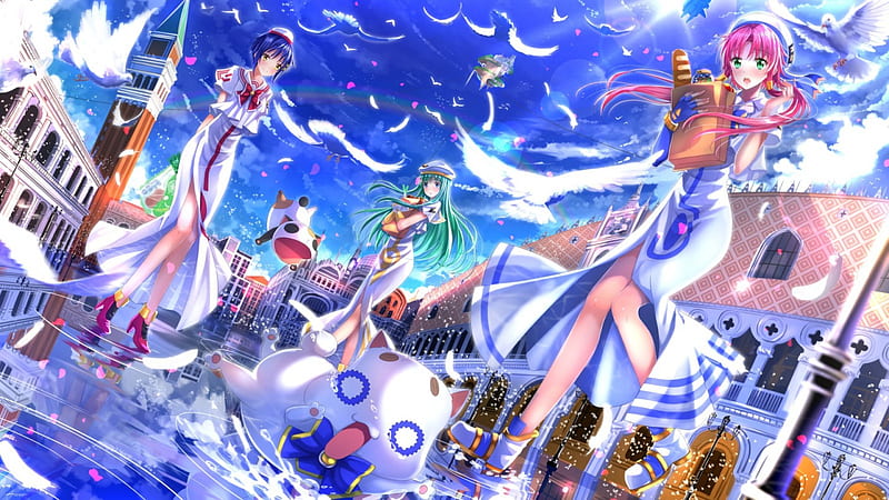 A R I A, pretty, sailor, cg, aria, sweet, nice, group, anime, feather, beauty, anime girl, reflection, long hair, team, lovely, sky, smiling, happy, pigeon, water, dove, green hair dress, ripple, bonito, female, smile, girl, blue hair, bird, pink hair, scene, HD wallpaper
