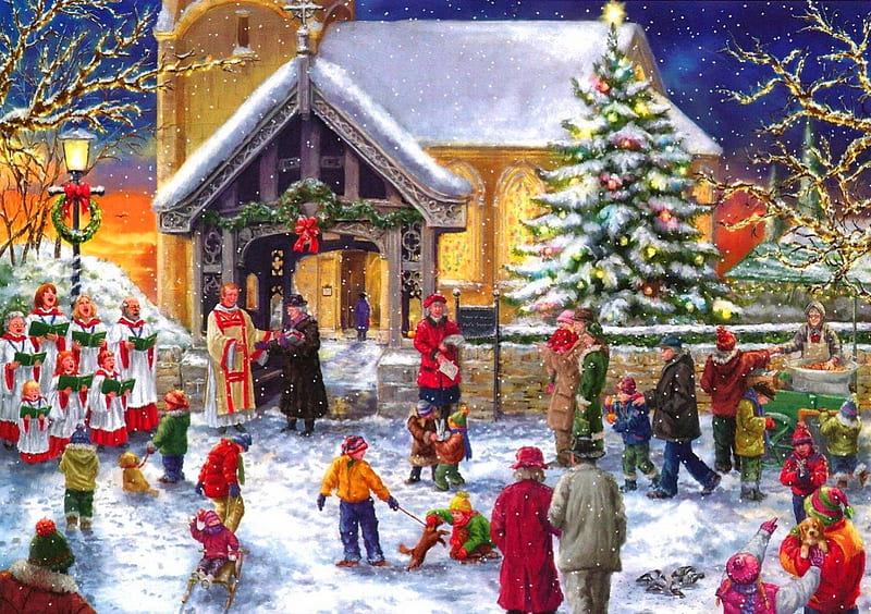 Christmas choir, house, cottage, bonito, lights, nice, painting, village, choir, frost, art, lovely, holiday, christmas, decoration, new year, church, mood, winter, tree, song, warmth, snow, carols, HD wallpaper