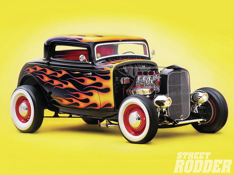 1932-Ford-Coupe, Classic, Black, White walls, Flames, HD wallpaper