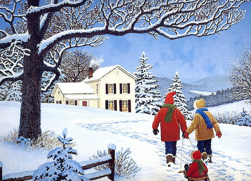 Pulling Together, fence, house, tree, snow, people, painting, winter, artwork, HD wallpaper