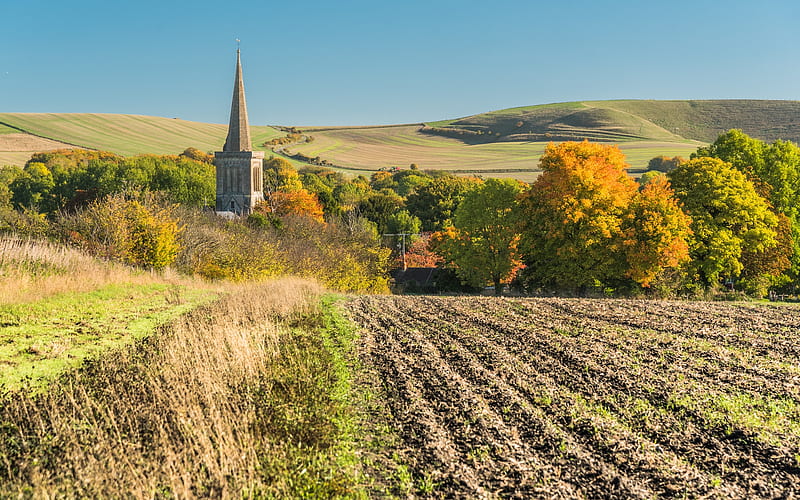 Church in England, autumn, England, fields, church, HD wallpaper