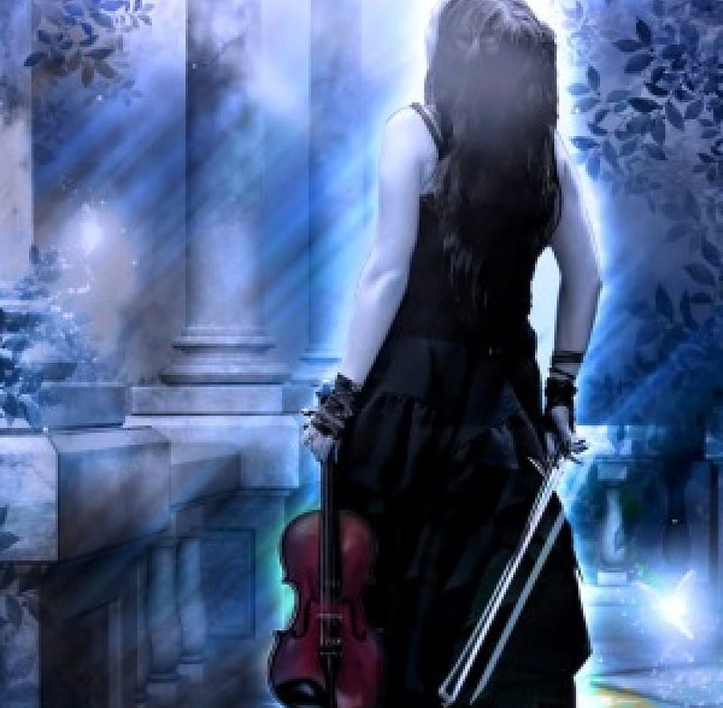 Gothic blue symphony violin, new, color, wallpper, HD wallpaper
