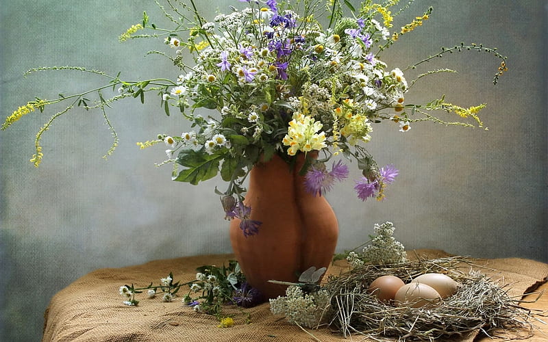 socket, flowers, bouquet, eggs, HD wallpaper