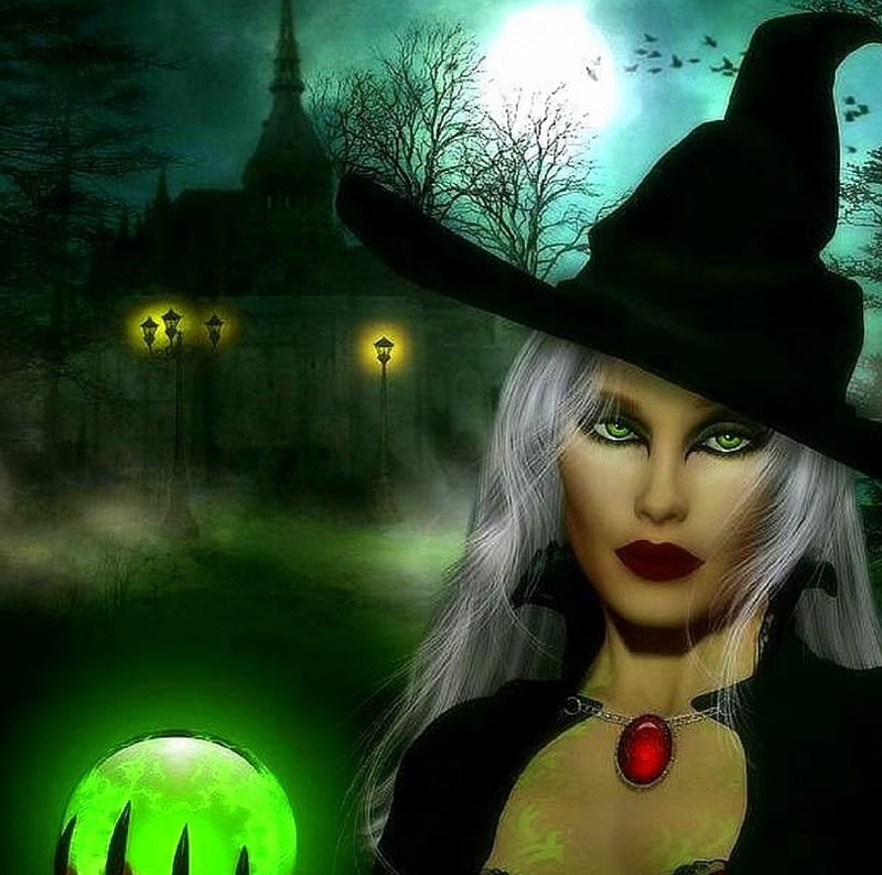 Wicked Witch, glow globe, moons, witch, halloween, green eyes, love four seasons, digital art, hat, fantasy, 3d illustration, HD wallpaper