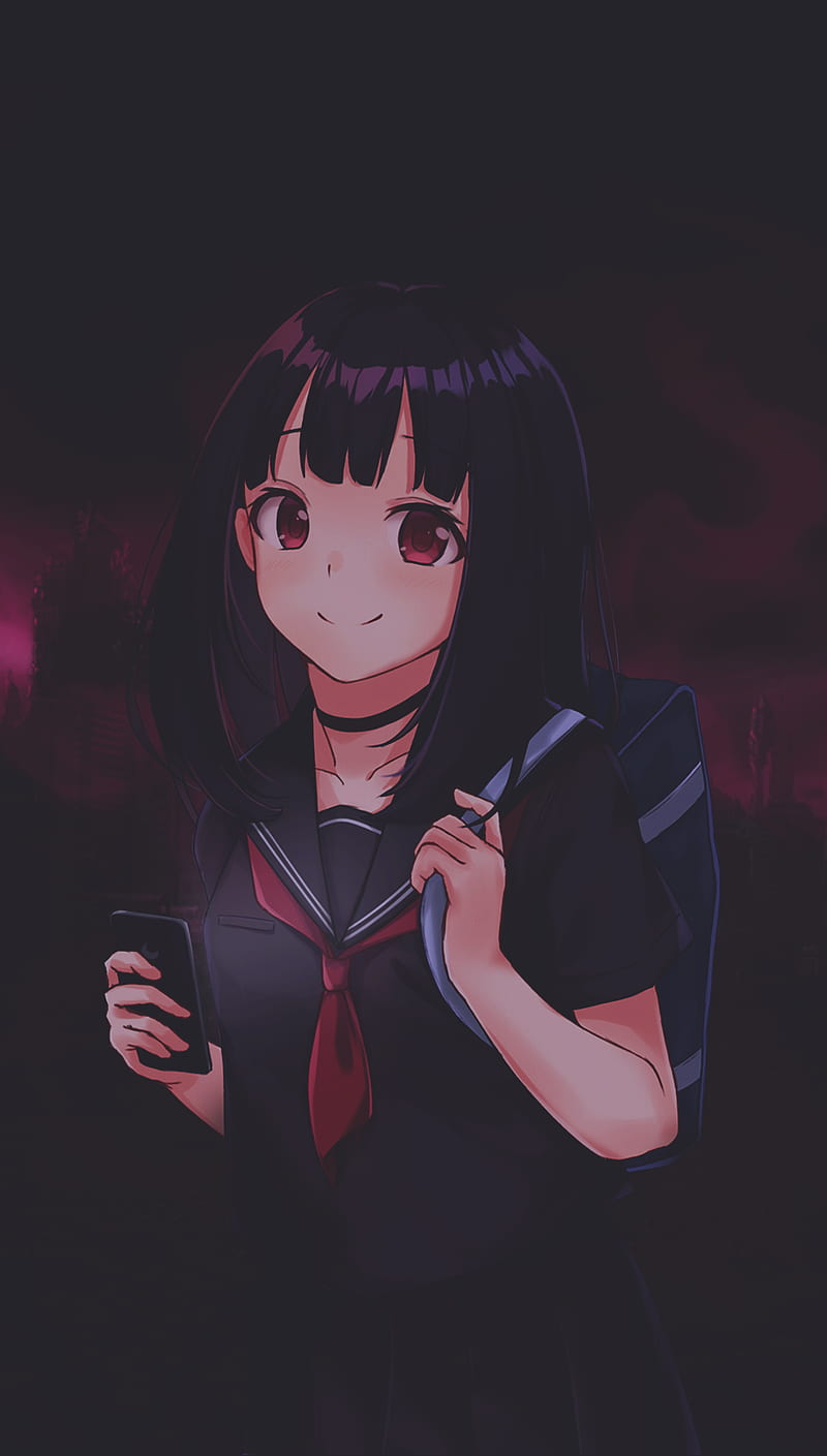 anime, anime girls, -in-, dark, smartphone, tie, red eyes, HD phone wallpaper