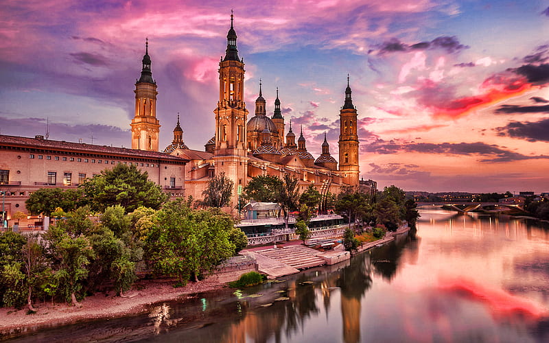 Cathedral-Basilica of Our Lady of the Pillar, sunset, basilica, Zaragoza, Aragon, Ebro, Spain, Europe, spanish landmarks, HD wallpaper