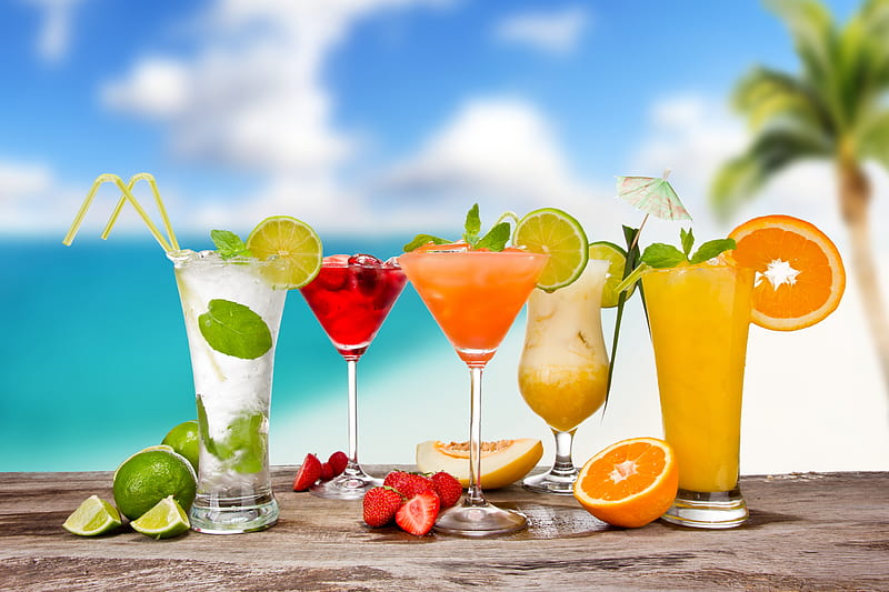 Tropical cocktails, vacation, cocktail, juice, strawberry, orange, fresh, fruits, lime, beach, paradise, summer, ice, drink, tropical, mojito, HD wallpaper