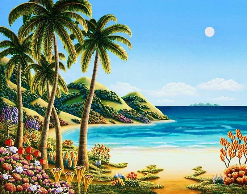 Exotic Beach, palmtrees, plants, ocean, digital, flowers, artwork, HD wallpaper