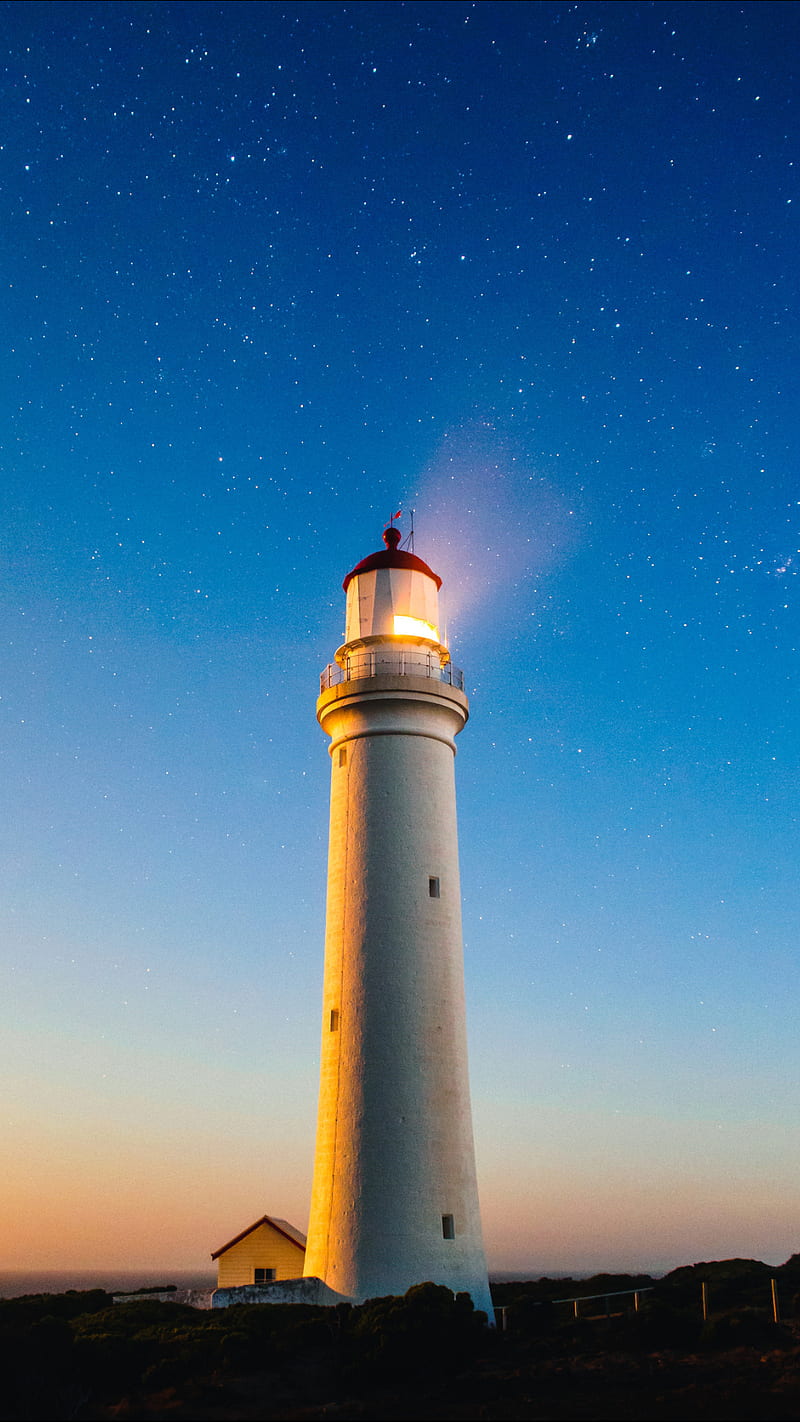 Lighthouse , sky, sunrise, stars, night, sunset, light, beach, HD phone wallpaper