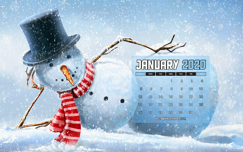 January 2020 Calendar, lying snowman, 2020 calendar, January 2020, creative, snow backgrounds, January 2020 calendar with snowman, Calendar January 2020, snow background, 2020 calendars, HD wallpaper