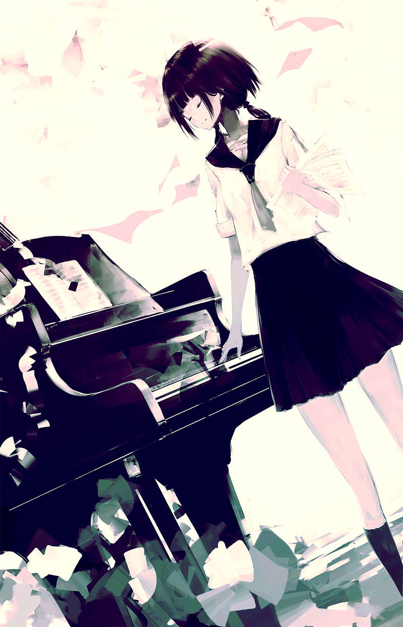 anime, anime girls, musical instrument, dark hair, tie, piano, HD phone wallpaper