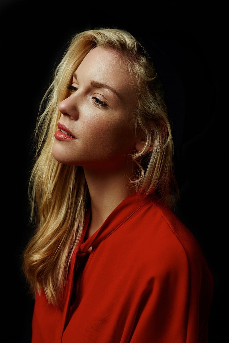 Martin Strauss, women, blonde, long hair, looking away, makeup, portrait, red clothing, simple background, black background, HD phone wallpaper