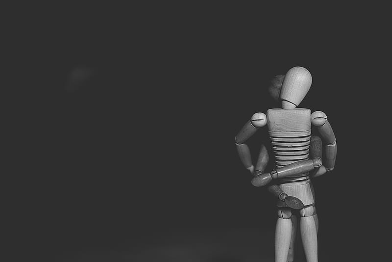 grayscale of joint action figure hugging one another, HD wallpaper